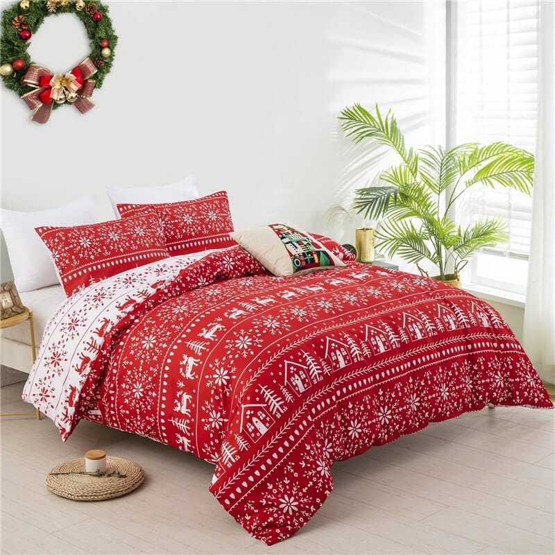 3D Christmas Duvet Cover Red Elk Snowflake Tree Bedding Set - Best Christmas & New Year Gift