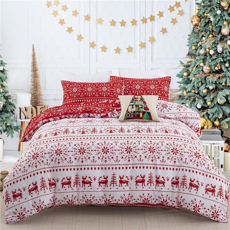 3D Christmas Duvet Cover Red Elk Snowflake Tree Bedding Set - Best Christmas & New Year Gift