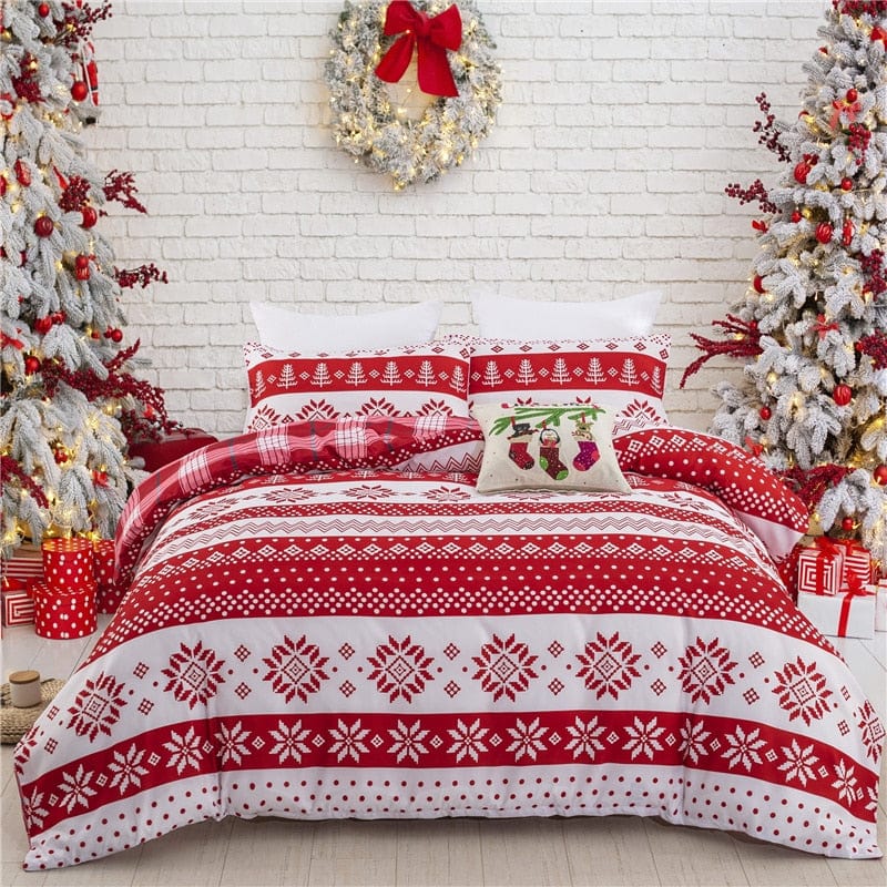 3D Snowflake Floral Tree Red White Bedding Set with Christmas Duvet Cover.