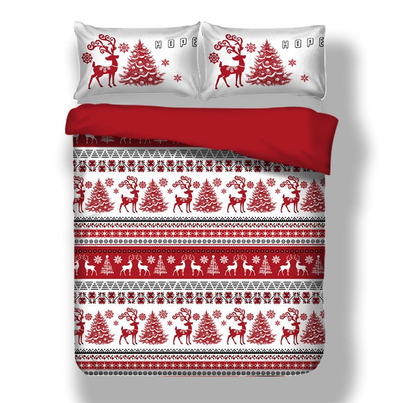 Christmas Duvet Cover Set Snowflake Red Elk Reindeer Tree Bedding