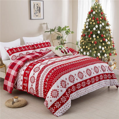 3D Snowflake Floral Tree Red White Bedding Set with Christmas Duvet Cover.