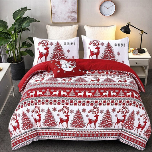 Christmas Duvet Cover Set Snowflake Red Elk Reindeer Tree Bedding Set