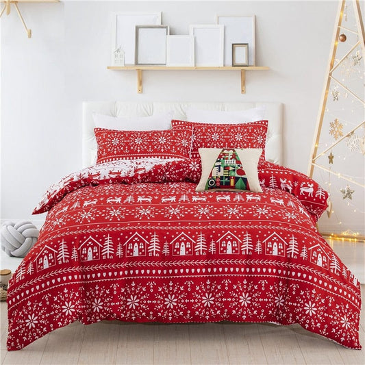 3D Christmas Duvet Cover Red Elk Snowflake Tree Bedding Set - Best Christmas & New Year Gift