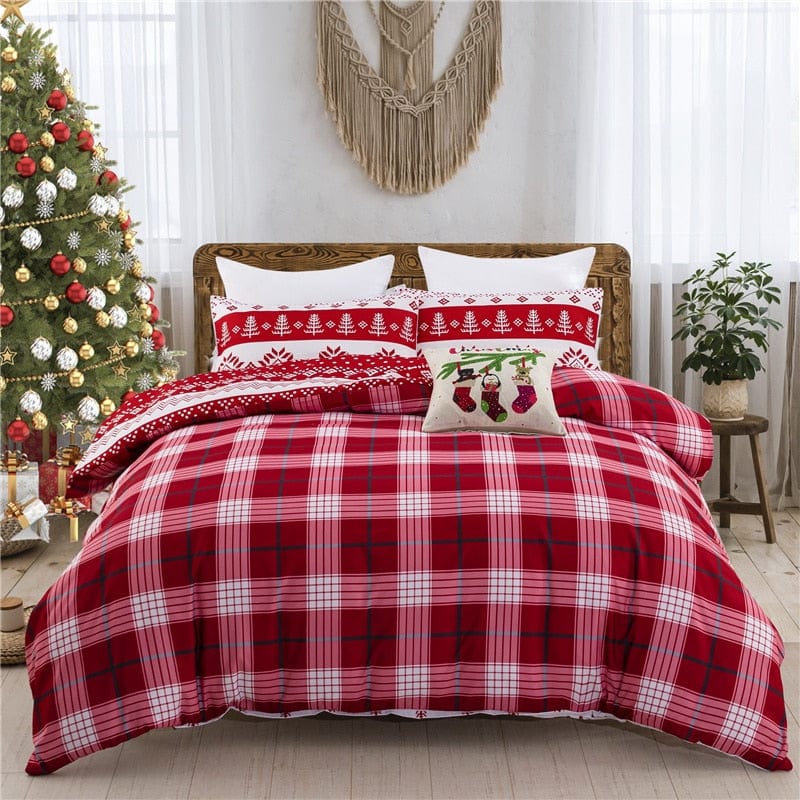 3D Snowflake Floral Tree Red White Bedding Set with Christmas Duvet Cover.