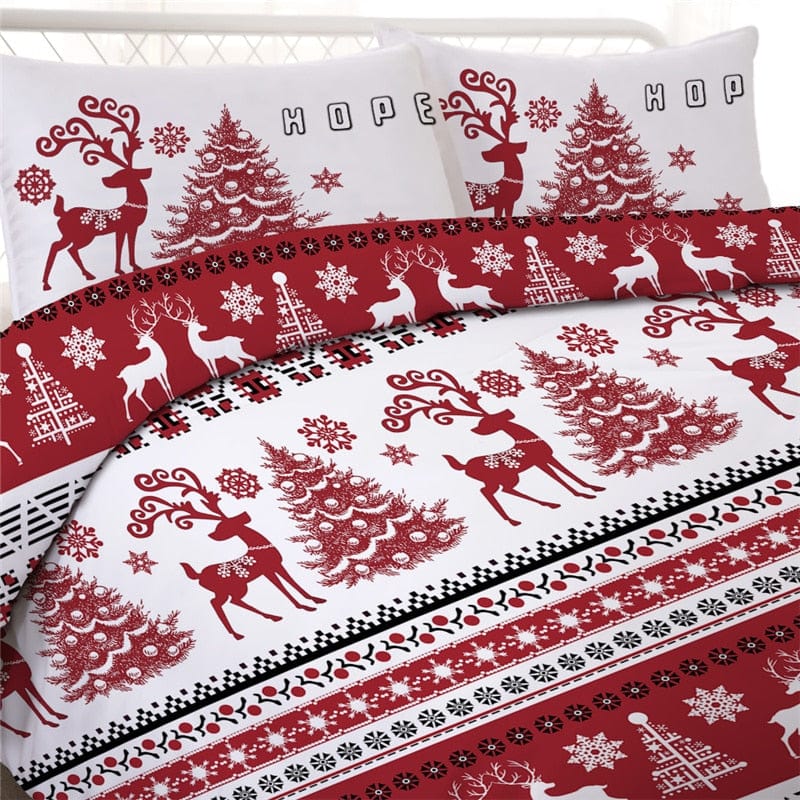 Christmas Duvet Cover Set Snowflake Red Elk Reindeer Tree Bedding Set