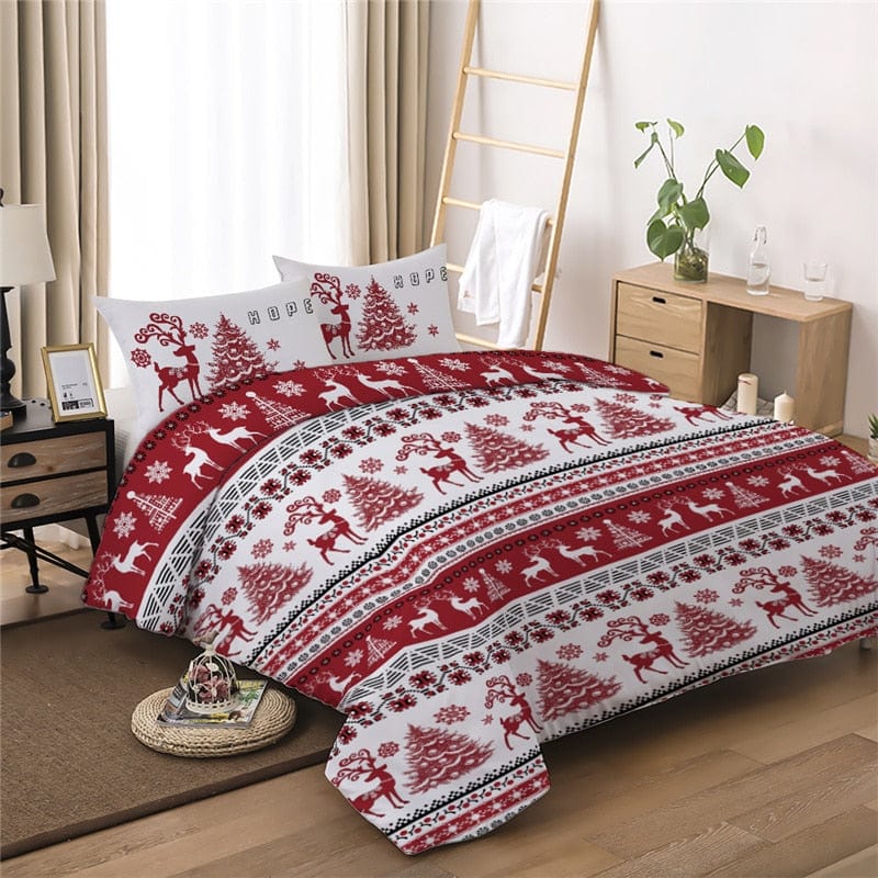 Christmas Duvet Cover Set Snowflake Red Elk Reindeer Tree Bedding Set