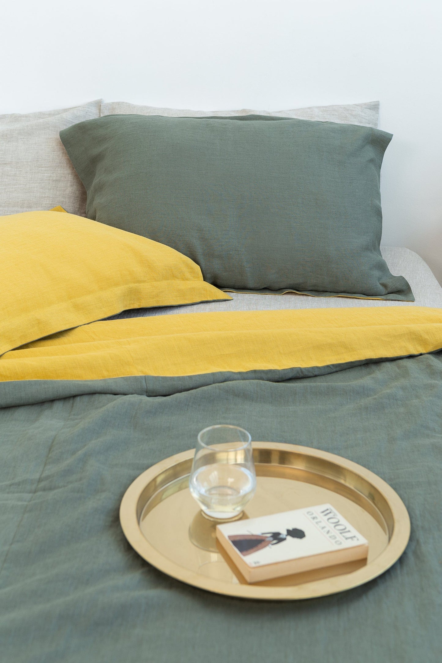 Honey and Safari Green double linen bedding set