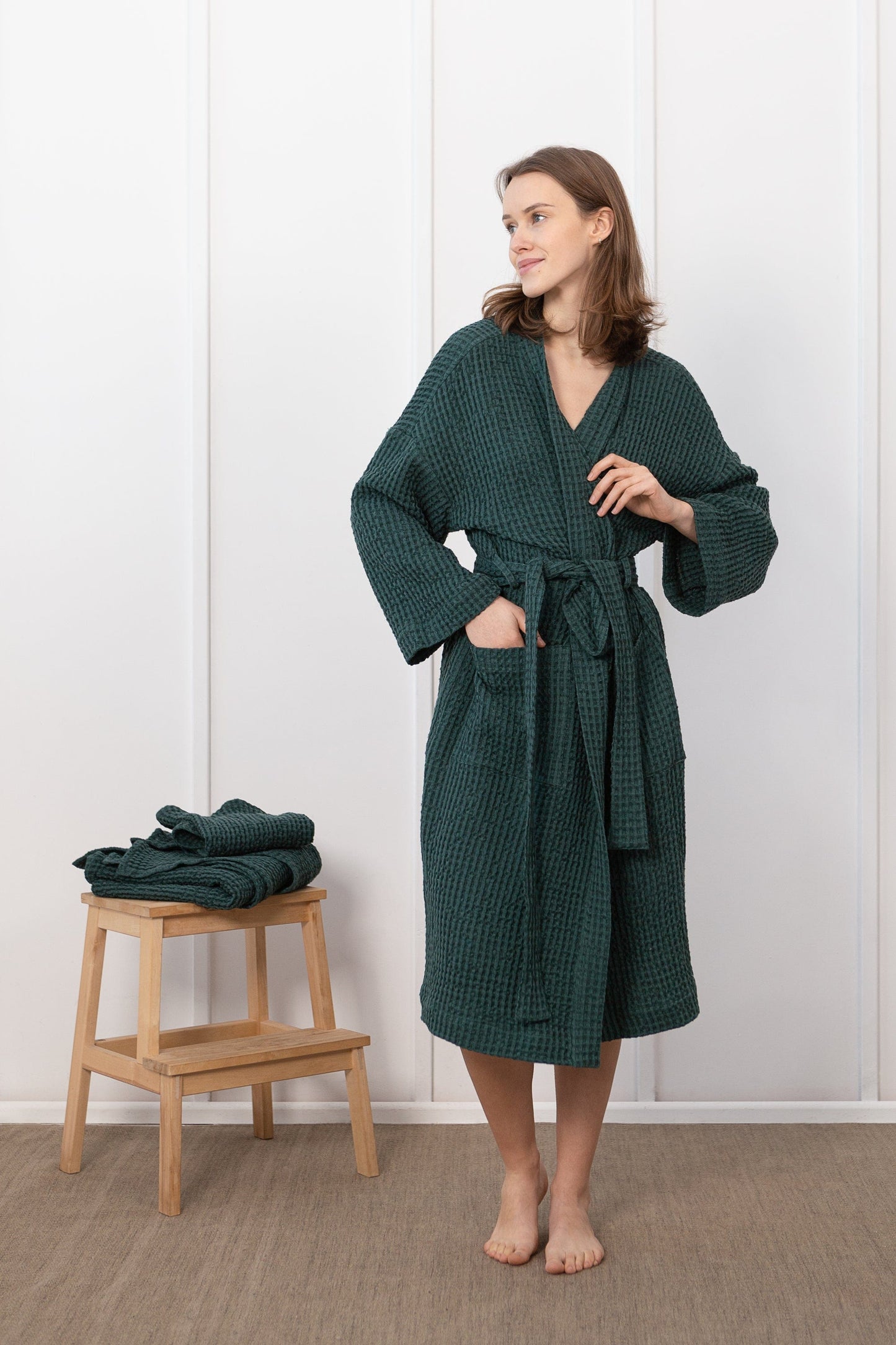 Set of linen waffle robes with towels