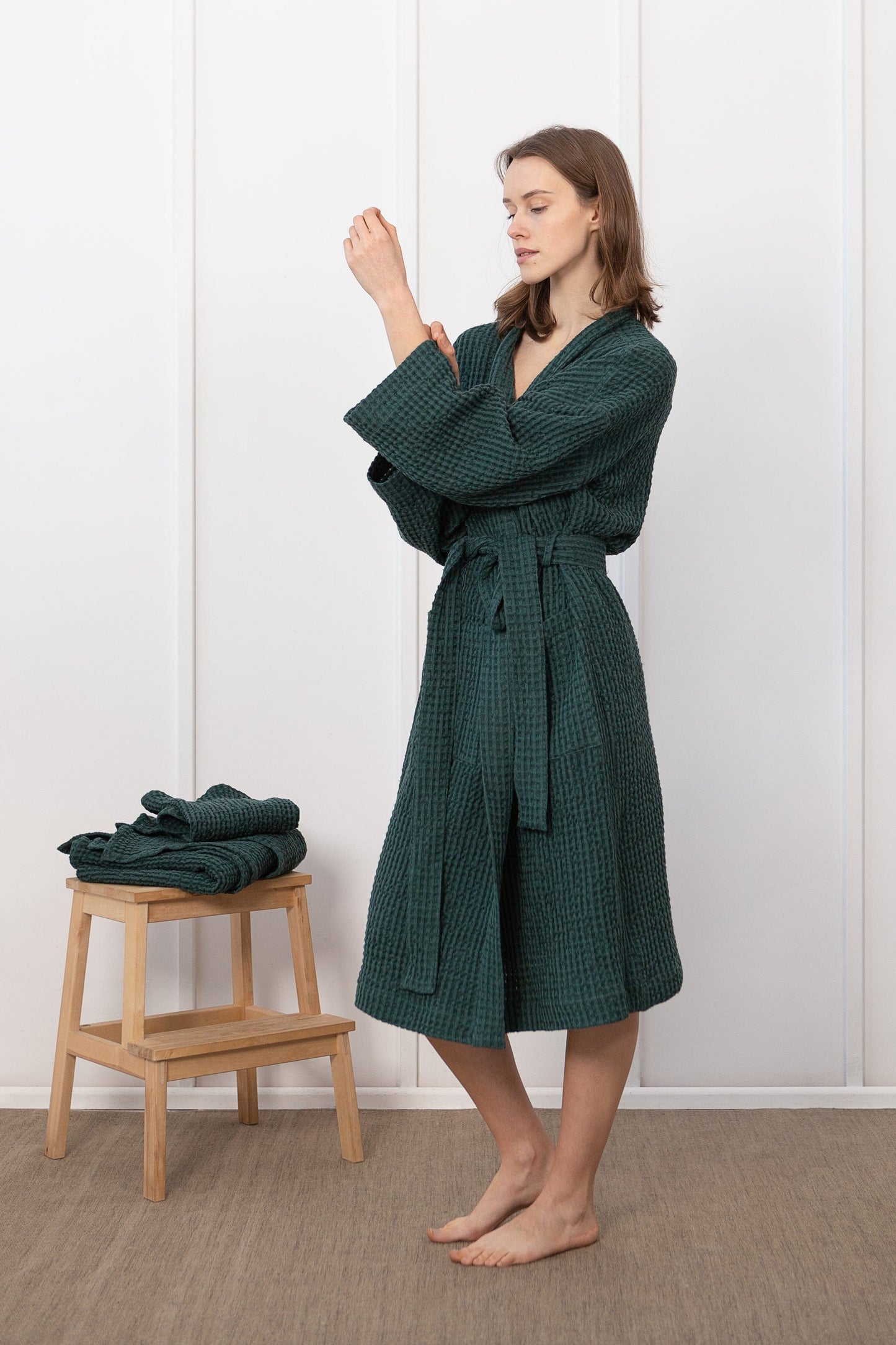 Set of linen waffle robes with towels