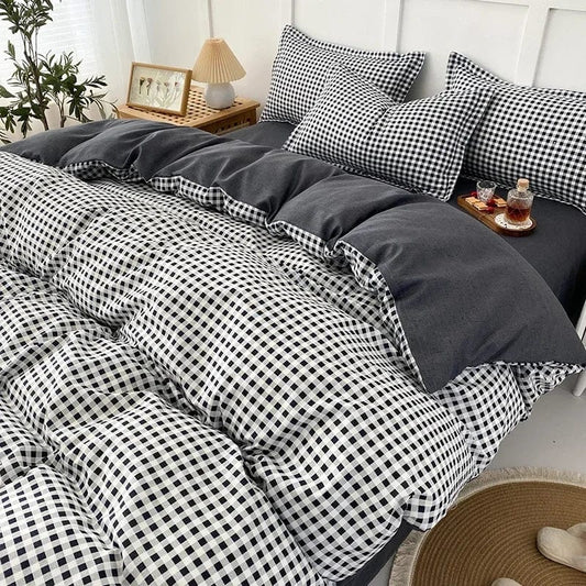 Black White Small Checks Printed Bed Set Floral Duvet Cover Pillowcase