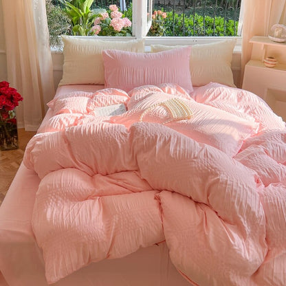 Korean Princess Seersucker Bedding Set: Duvet Cover, Flat Sheets, Pillowcases, Bed Sheet Set; Soft Comforter Cover Bed Linens Set