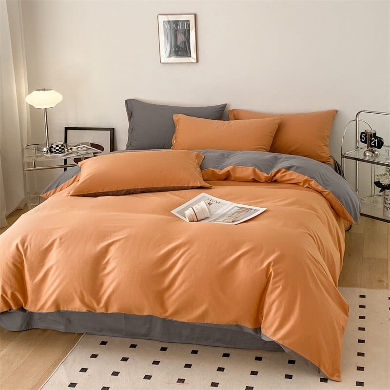 100% Egyptian Cotton; Solid Color Bedding Set; Four Piece; Queen Size; King Size; Duvet Cover; Bed Sheet; Pillow Cases; Orange