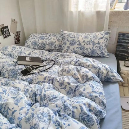 Floral Blue Bedding Set No Filler Ins Style Duvet Cover Pillowcase