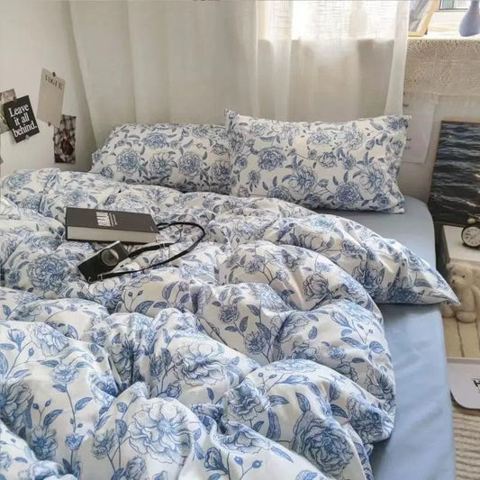 Floral Blue Bedding Set No Filler Ins Style Duvet Cover Pillowcase