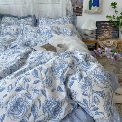 Floral Blue Bedding Set No Filler Ins Style Duvet Cover Pillowcase