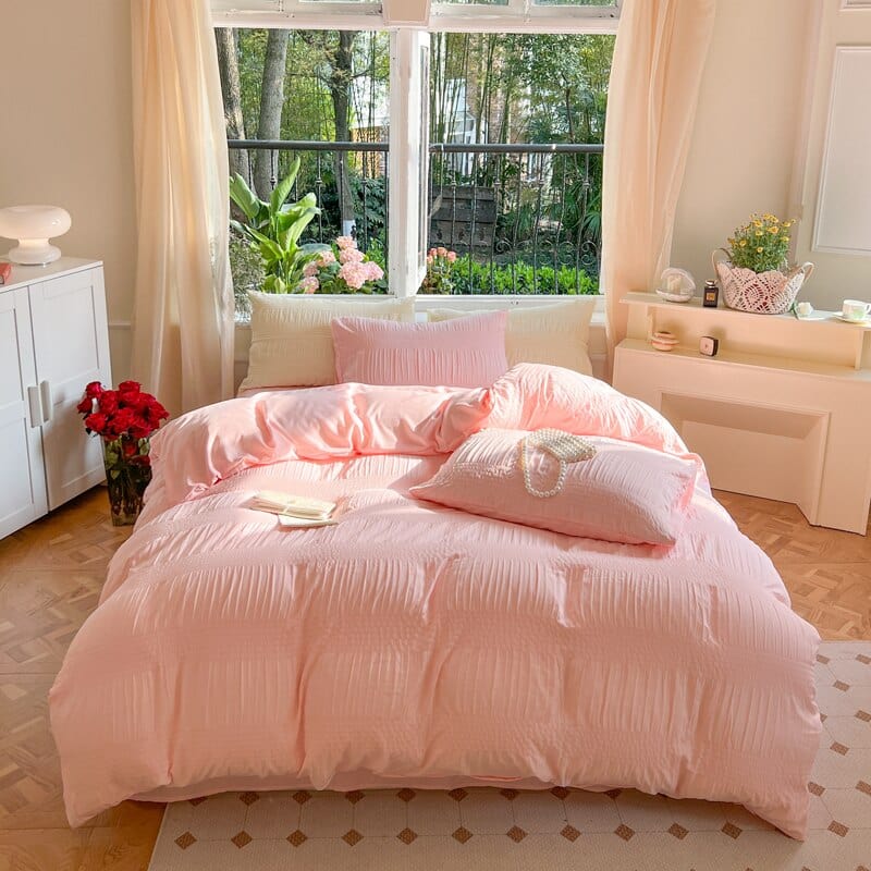 Korean Princess Seersucker Bedding Set: Duvet Cover, Flat Sheets, Pillowcases, Bed Sheet Set; Soft Comforter Cover Bed Linens Set