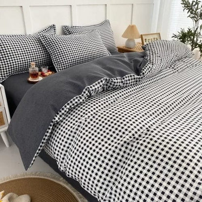 Black White Small Checks Printed Bed Set Floral Duvet Cover Pillowcase