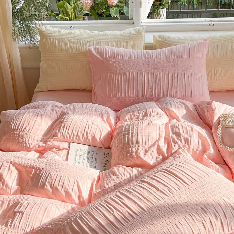 Korean Princess Seersucker Bedding Set: Duvet Cover, Flat Sheets, Pillowcases, Bed Sheet Set; Soft Comforter Cover Bed Linens Set