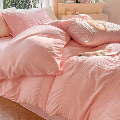 Korean Princess Seersucker Bedding Set: Duvet Cover, Flat Sheets, Pillowcases, Bed Sheet Set; Soft Comforter Cover Bed Linens Set